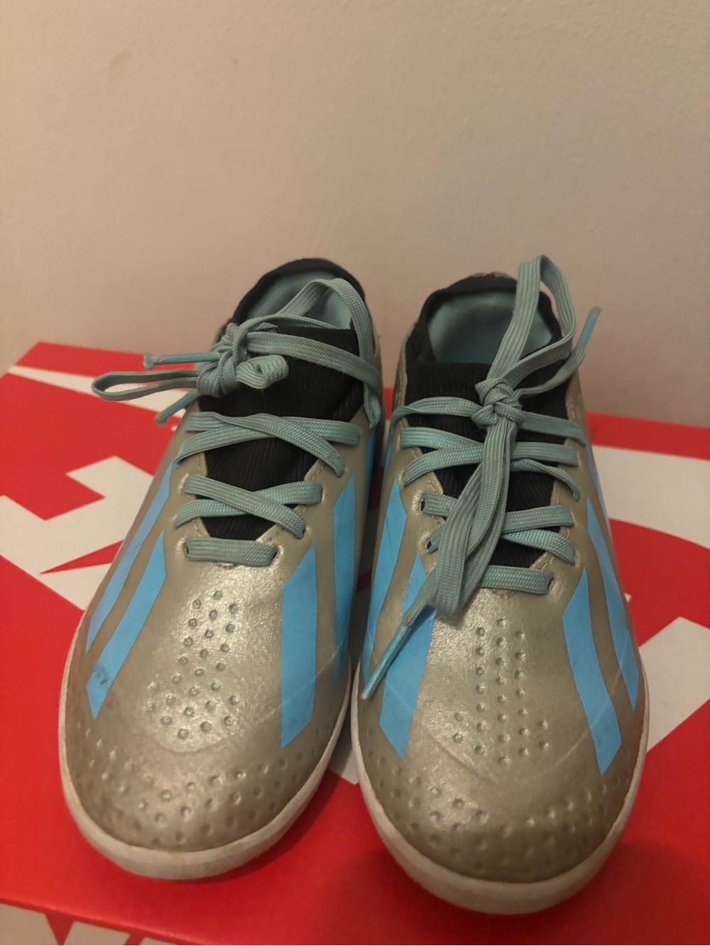 Messi adidas Kids Silver Sneakers with Light Blue Stripes